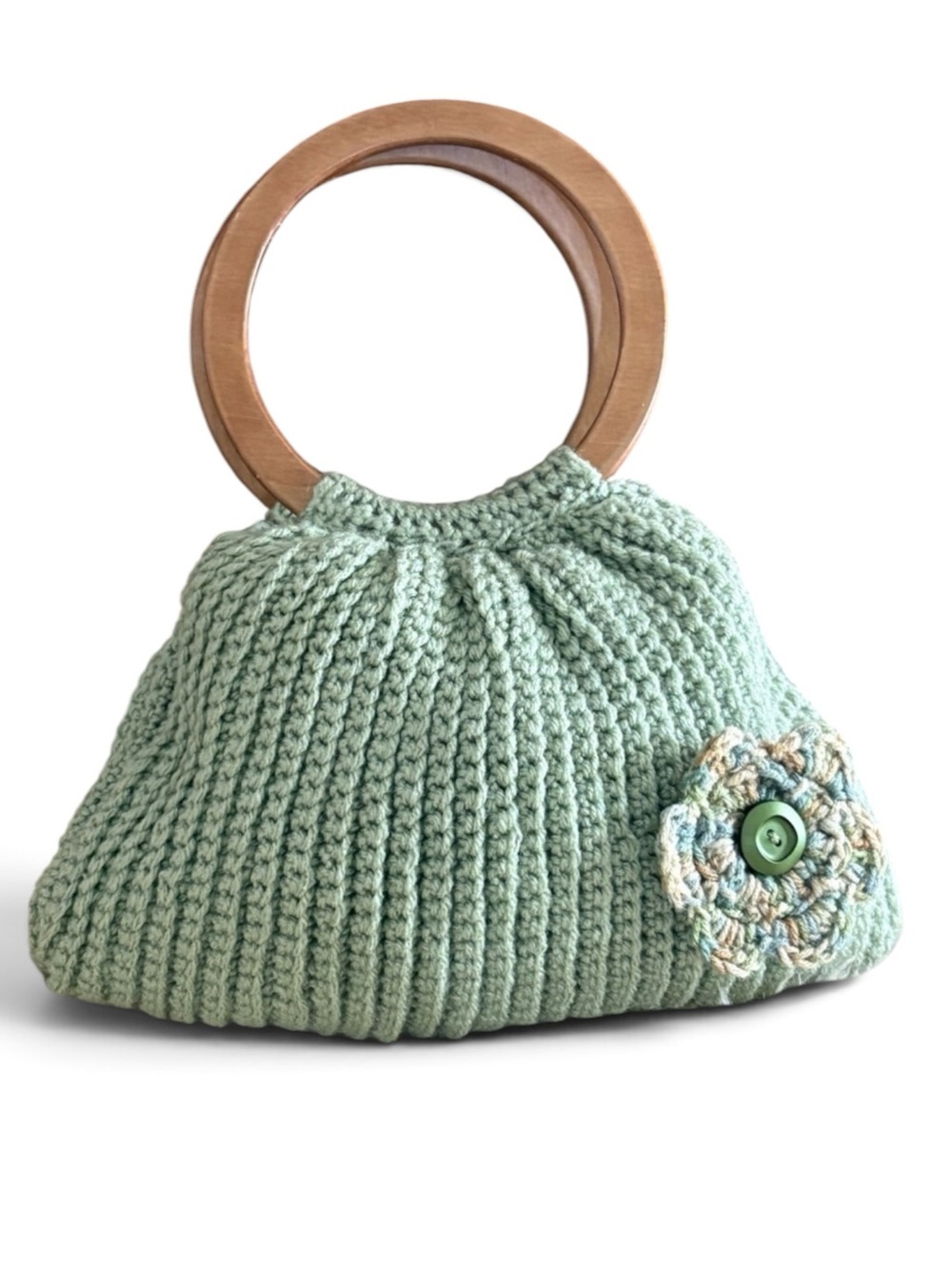 Hand Knit Sage Green w/Flower Wooden Handle Baguette Bag